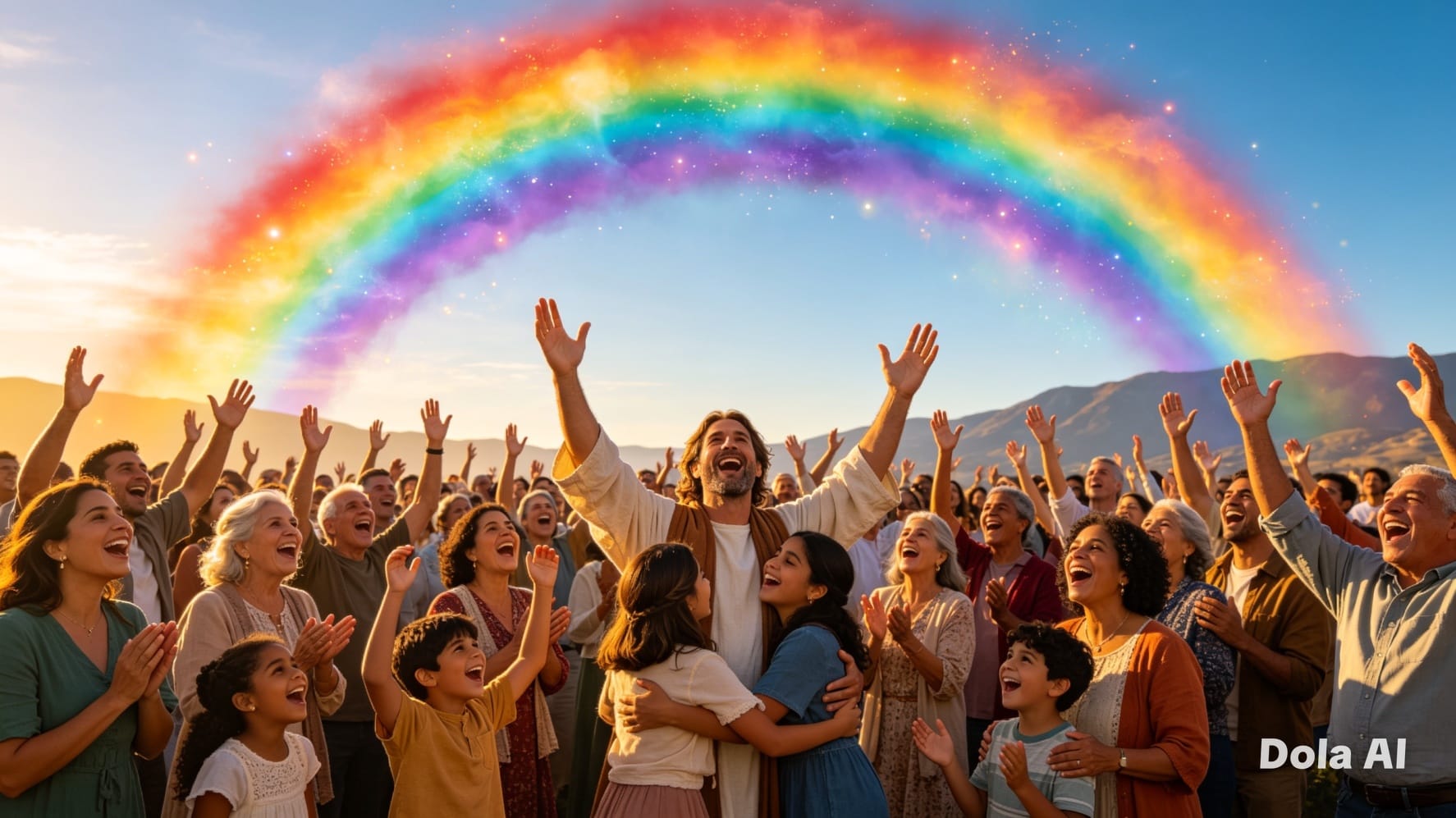 Abraham Seed International Ministries congregation rejoicing under a rainbow
